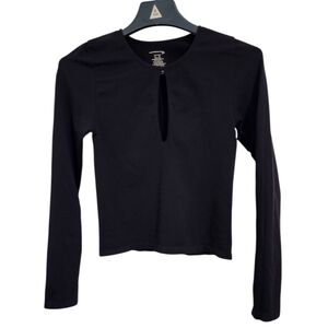 NWT Free People Black Cut Out Fitted Long Sleeve Key Hole Top Women's M/L